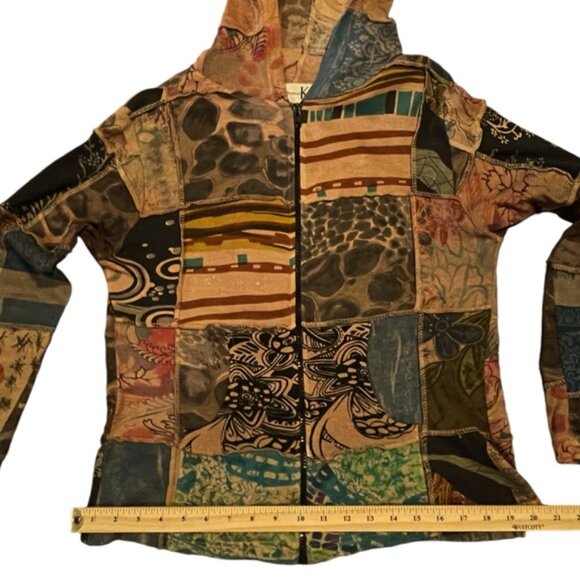Boho Hoodie Patchwork Hooded Cardigan Cotton Zip Sweater Exposed Seam Earthtones - Picture 8 of 16